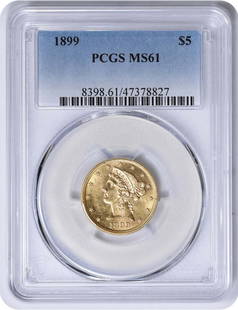 1899 $5 Gold Liberty Head MS61 PCGS: Certification: PCGS Circulated/Uncirculated: Uncirculated Year: 1899 Mint Location: Philadelphia Fineness: 0.9 Km Number: 101 Denomination: $5 Grade: MS61 Composition: 90% Gold 10% Copper Designer: