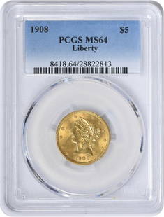 1908 $5 Gold Liberty Head MS64 PCGS: Certification: PCGS Circulated/Uncirculated: Uncirculated Year: 1908 Mint Location: Philadelphia Fineness: 0.9 Km Number: 101 Denomination: $5 Grade: MS64 Composition: 90% Gold 10% Copper Designer: