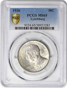 Lynchburg Commemorative Silver Half Dollar 1936: Certification: PCGS Circulated/Uncirculated: Uncirculated Year: 1936 Denomination: Half Dollar Mint Location: Philadelphia Km Number: 183 Grade: MS65 Composition: 90% Silver 10% Copper Features: