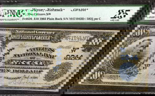 1902 PB $10 CITIZENS NATIONAL BANKNOTE FR.626: Certification: PMG Grade: 25 Series Year: 1902 Year: 1902 Circulated/Uncirculated: Circulated Country: United States Category: Third Charter Period Serial No. : M471943D / 5831 Certification Number:
