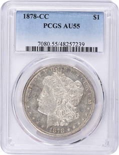 1878-CC Morgan Silver Dollar AU55 PCGS: Certification: PCGS Circulated/Uncirculated: Circulated Year: 1878 Composition: 90% Silver 10% Copper Mint Location: Carson City Km Number: 110 Denomination: $1 Grade: AU Coin: Morgan Designer: