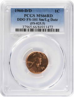 1960-D/D Lincoln Cent DDO FS-101 Sm/Lg Date: Certification: PCGS Circulated/Uncirculated: Uncirculated Year: 1960 Mint Location: Denver Km Number: 201 Denomination: Small Cent Grade: MS66 Composition: 95% Copper 5% Tin and Zinc Coin: Lincoln