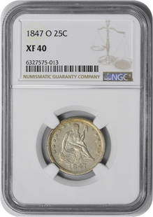 1847-O Liberty Seated Silver Quarter EF40 NGC: Certification: NGC Circulated/Uncirculated: Circulated Year: 1847 Mint Location: New Orleans Km Number: 64.2 Denomination: 25C Grade: XF Composition: 90% Silver 10% Copper Coin: Seated Liberty