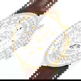 BREITLING Montbrillant Moon: Movement: Automatic Winding Case Size: 42mm Case Material: K18 Yellow Gold Band Material: New calf/K18 rose gold buckle Watch Glass: Sapphire Crystal Windshield Dial Color: Galvanic Silver Type: