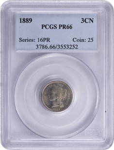 1889 Three Cent Nickel PR66 PCGS: Certification: PCGS Circulated/Uncirculated: Uncirculated Year: 1889 Km Number: 95 Grade: PR66 Strike Type: Proof Composition: Nickel Denomination: 3C Mint Location: No Mint Mark ---- At SEUYCO,