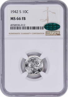 1942-S Mercury Silver Dime MS66FB NGC (CAC): Certification: NGC Circulated/Uncirculated: Uncirculated Year: 1942 Mint Location: San Francisco Km Number: 140 Denomination: 10C Grade: MS66 Composition: 90% Silver 10% Copper Coin: Mercury