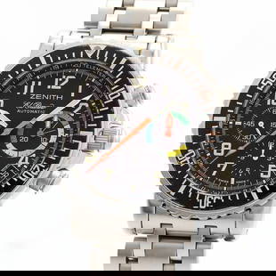 ZENITH Rainbow Flyback Chronograph El Primero: Movement: Automatic Winding Case Size: 40mm Band Size: 19.5cm Case Material: Stainless Steel Band Material: SS Watch Glass: Sapphire Crystal Windshield Dial Color: Black Type: Wrist watch ---- At