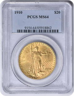 1910 $20 Gold St. Gaudens MS64 PCGS: Certification: PCGS Circulated/Uncirculated: Uncirculated Year: 1910 Mint Location: Philadelphia Fineness: 0.9 Km Number: 127 Denomination: $20 Grade: MS64 Composition: 90% Gold 10% Copper Designer:
