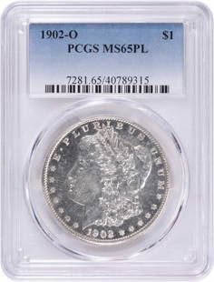 1902-O Morgan Silver Dollar MS65PL PCGS: Certification: PCGS Circulated/Uncirculated: Uncirculated Year: 1902 Composition: 90% Silver 10% Copper Mint Location: New Orleans Km Number: 110 Denomination: $1 Grade: MS65 Coin: Morgan Designer: