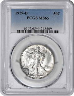 1939-D Walking Liberty Silver Half Dollar MS65: Certification: PCGS Circulated/Uncirculated: Uncirculated Year: 1939 Mint Location: Denver Km Number: 142 Denomination: 50C Grade: MS65 Composition: 90% Silver 10% Copper Coin: Liberty Walking