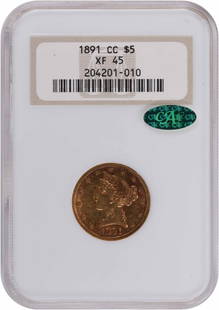 1891-CC $5 Gold Liberty Head EF45 NGC (CAC): Certification: NGC Circulated/Uncirculated: Circulated Year: 1891 Mint Location: Carson City Fineness: 0.9 Km Number: 101 Denomination: $5 Grade: XF Composition: 90% Gold 10% Copper Designer: