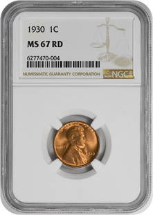 1930 Lincoln Cent MS67RD NGC: Certification: NGC Circulated/Uncirculated: Uncirculated Year: 1930 Mint Location: Philadelphia Km Number: 132 Denomination: Small Cent Composition: 95% Copper 5% Tin and Zinc Grade: MS67 Coin: