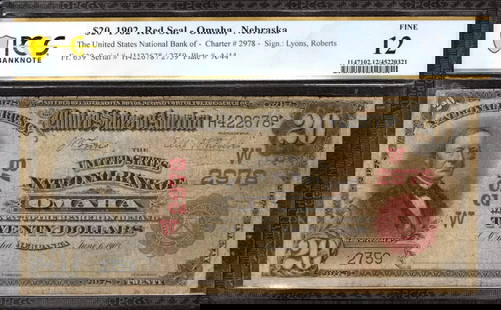 1902 $20 US NATIONAL BANKNOTE CURRENCY FR.639: Certification: PCGS Grade: 12 Series Year: 1902 Year: 1902 Circulated/Uncirculated: Circulated Country: United States Category: Third Charter Period Serial No. : H422678 Certification Number: