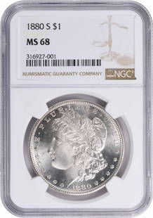 1880-S Morgan Silver Dollar MS68 NGC: Certification: NGC Circulated/Uncirculated: Uncirculated Year: 1880 Composition: 90% Silver 10% Copper Mint Location: San Francisco Km Number: 110 Denomination: $1 Grade: MS68 Coin: Morgan Designer: