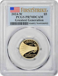 2024-W Greatest Generation Commemorative $5 Gold: Certification: PCGS Circulated/Uncirculated: Uncirculated Composition: Gold Year: 2024 Denomination: Five Dollar Grade: PR70 Strike Type: Proof Mint Location: W ---- At SEUYCO, we strive to