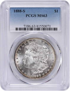 1888-S Morgan Silver Dollar MS63 PCGS: Certification: PCGS Circulated/Uncirculated: Uncirculated Year: 1888 Composition: 90% Silver 10% Copper Mint Location: San Francisco Km Number: 110 Denomination: $1 Grade: MS63 Coin: Morgan