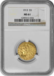 1913 $5 Gold Indian MS61 NGC: Certification: NGC Circulated/Uncirculated: Uncirculated Year: 1913 Mint Location: Philadelphia Fineness: 0.9 Km Number: 129 Denomination: $5 Grade: MS61 Composition: 90% Gold 10% Copper Designer: Bel