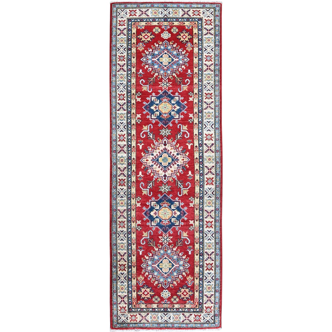 2'8"x8'1" Red Kazak Medallions Design Soft Wool: Style: Kazak Type: Indoor Material: Wool Color: Red Item Length: 97 Item Width: 32 Rug Type: Hand Knotted Pile: Wool Shape: Runner Field Color: Red Size: 2"8" x 8"1" / 81 CM X 246 CM Age: 2000-Now Pat
