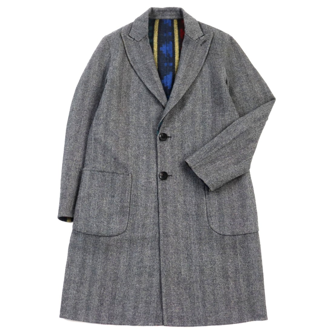 Etro Chester Coat Main: 100% Wool Grey Multicolor: Brand: ETRO Item: Chester coat Gender: mens Color: Grey Multicolor All-over Pattern Material: Main: 100% wool Accessories: None Notation Size: 44 Size: cm (approx.): Shoulder width: 43 Dress length: 9