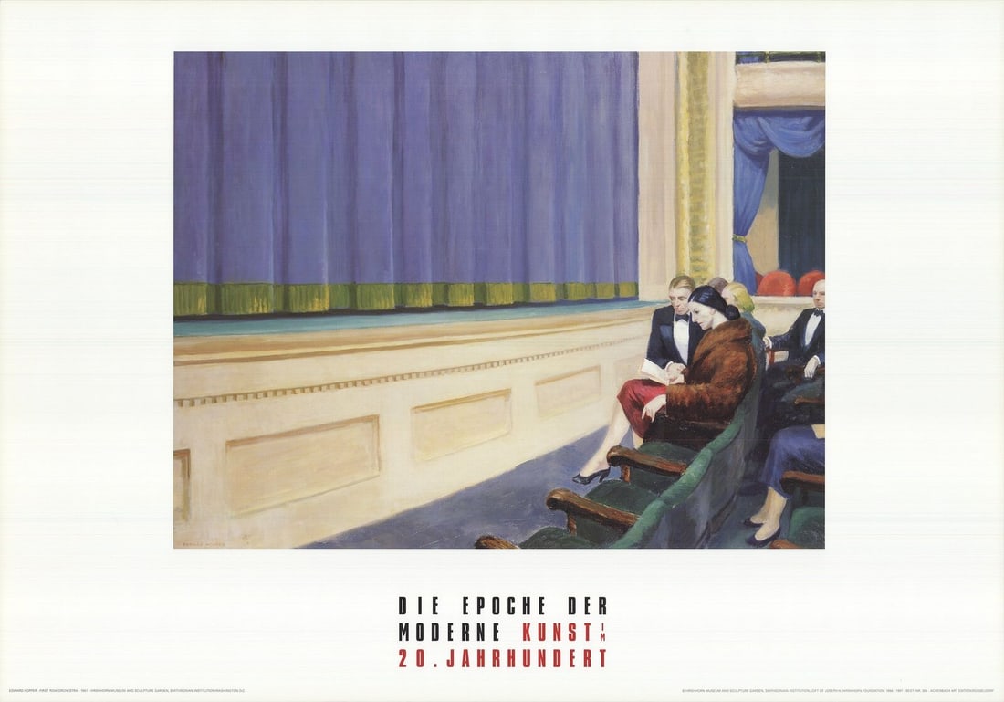 EDWARD HOPPER First Row Orchestra 27.5" x 39.5": Artist: Edward Hopper Title: First Row Orchestra Year: 1997 Signed: No Medium: Offset Lithograph Paper Size: 27.5 x 39.5 inches ( 70 x 100 cm ) Image Size: 19.5 x 25.5 inches ( 50 x 65 cm ) Edition Si