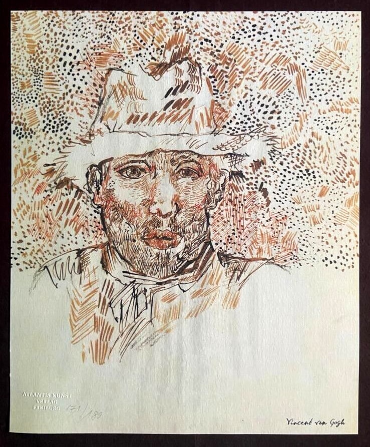 Vincent Van Gogh Lithograph 1978 (Edvard Munch: Vincent Van Gogh " Self-portrait in Arles " Full sheet chromolithograph printed in 1978 in 180 copies by Atlantis Verlag, Freiburg 32 x 38 cm Signature Vincent Van Gogh on the plate Embossed stamp and