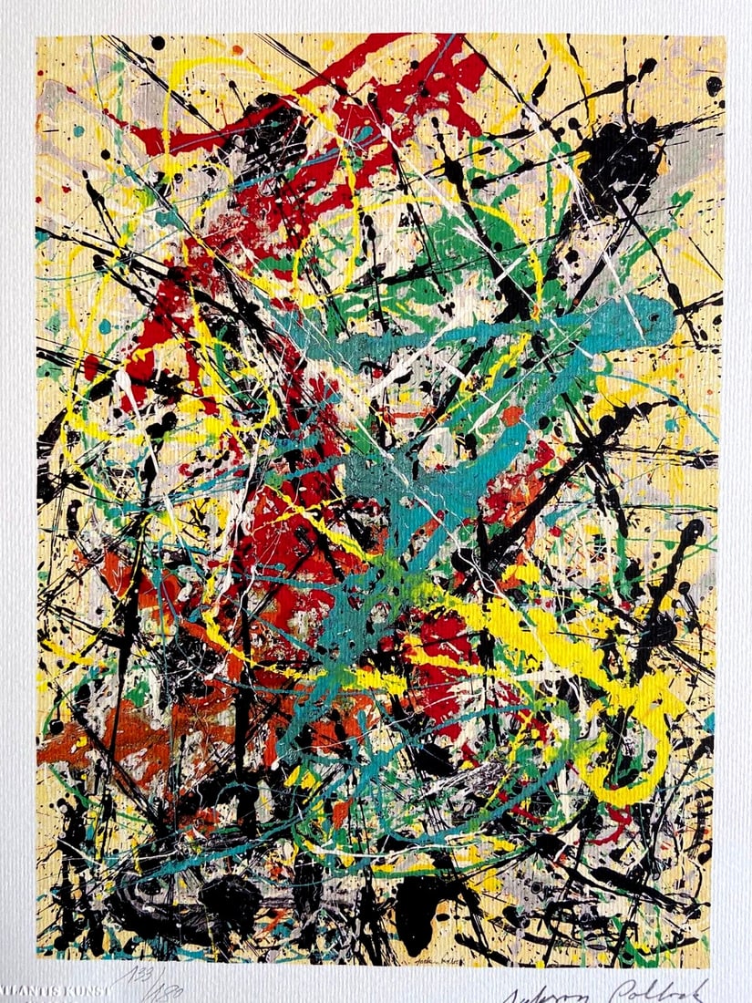 Jackson Pollock Action Painting Coa Firmata O.P.: JACKSON Pollock " without title " Chromolithograph printed in 1978 in 180 copies by Atlantis Verlag, Freiburg 30 x 40 cm Signature JACKSON Pollock on the plate Embossed stamp and authentication by the