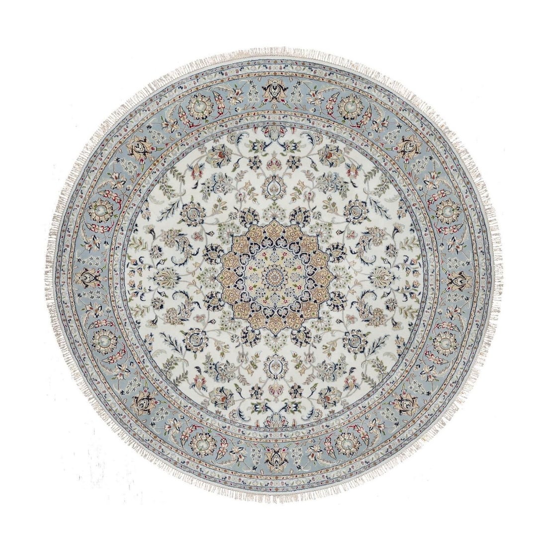 8'1"x8'1" White Nain Floral Design Hand Knotted: Style: Nain Type: Indoor Material: Wool Color: Ivory Item Length: 97 Item Width: 97 Rug Type: Hand Knotted Pile: Wool & Silk Shape: Round Field Color: Ivory Size: 8"1" x 8"1" / 246 CM X 246 CM Age: 20
