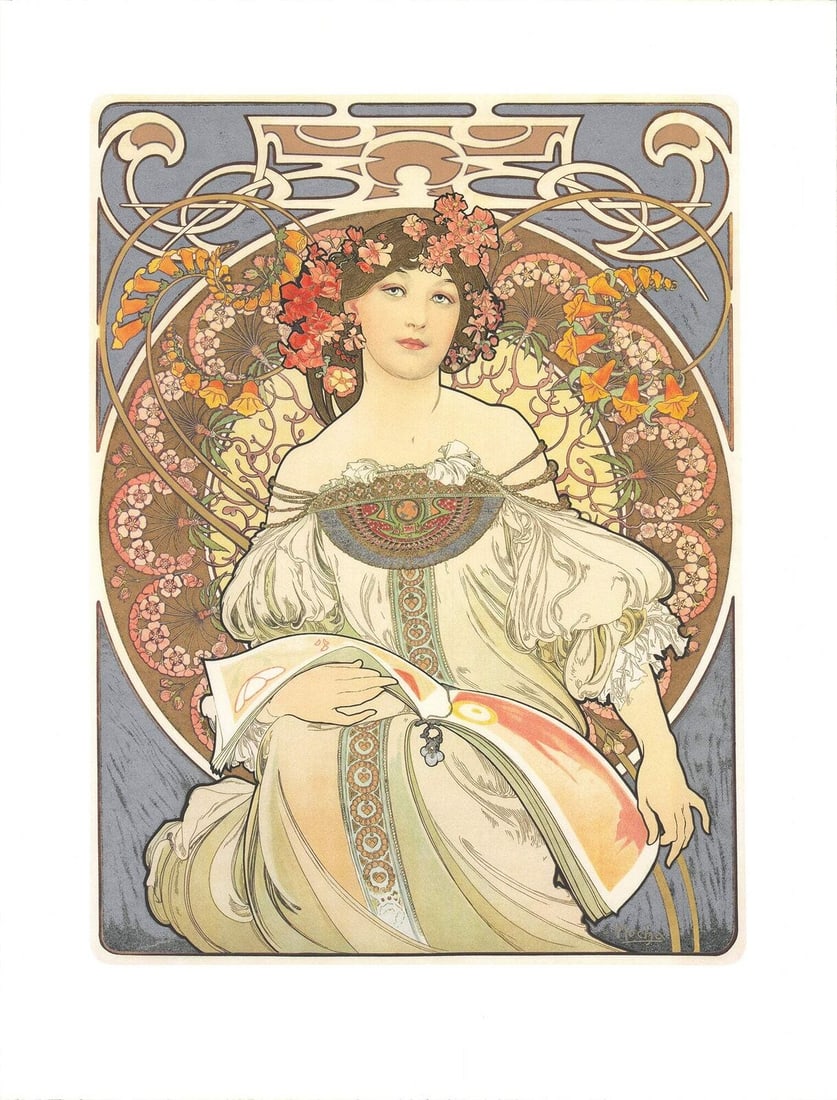 Alphonse Mucha Reverie 27" X 20.75" Mixed Media 2010 Art Nouveau: Artist: Alphonse Mucha Title: Reverie Year: 2010 Signed: No Medium: Mixed Media Paper Size: 27 x 20.75 inches ( 69 x 53 cm ) Image Size: 21.25 x 16 inches ( 54 x 41 cm ) Edition Size: 100 Framed: No C