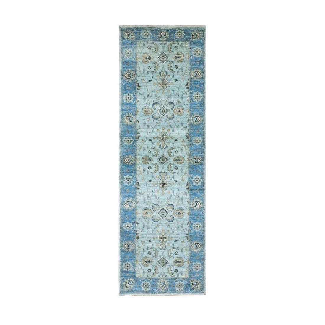 2'7"X8'1" Blue Shah Abbas Flower Design Agra Wool Hand Knotted Runner Rug: Style: Agra Type: Indoor Material: Wool Color: Blue Item Length: 97 Item Width: 31 Rug Type: Hand Knotted Pile: Wool Shape: Runner Field Color: Blue Size: 2"7" x 8"1" / 79 CM X 246 CM Age: 2000-Now Pa