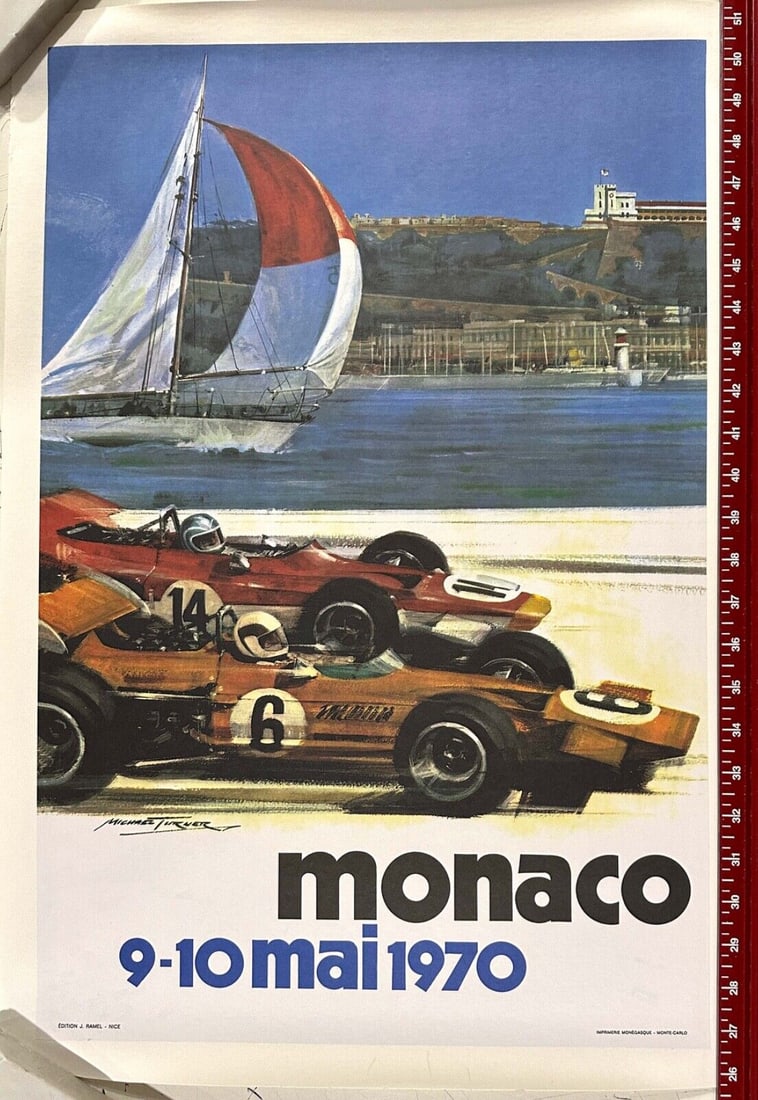 Monaco Grand Prix 1970 Michael Turner Vintage French Automobile Racing Poster: Artist: Carpenter Michael Turner Size: Small Date Of Creation: 1970"S Title: MONACO GRAND PRIX 1970 Material: Canvas Paper Franchise: Cars Region Of Origin: MONACO Framing: Unframed Subject: Automobil