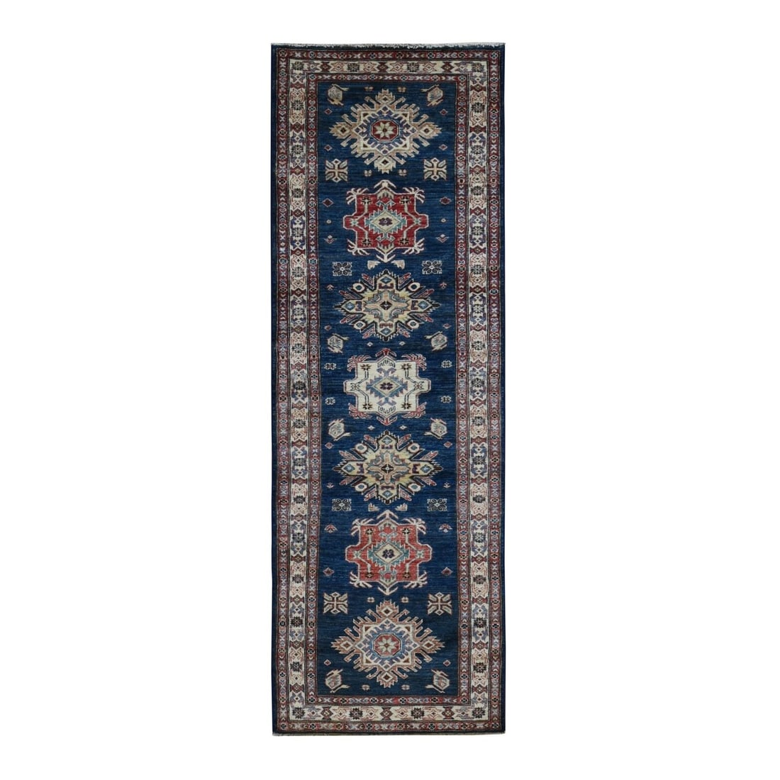 2'9"X8'2" Denim Blue Afghan Super Kazak Runner Hand Knotted Pure Wool Rug (1 of 9)
