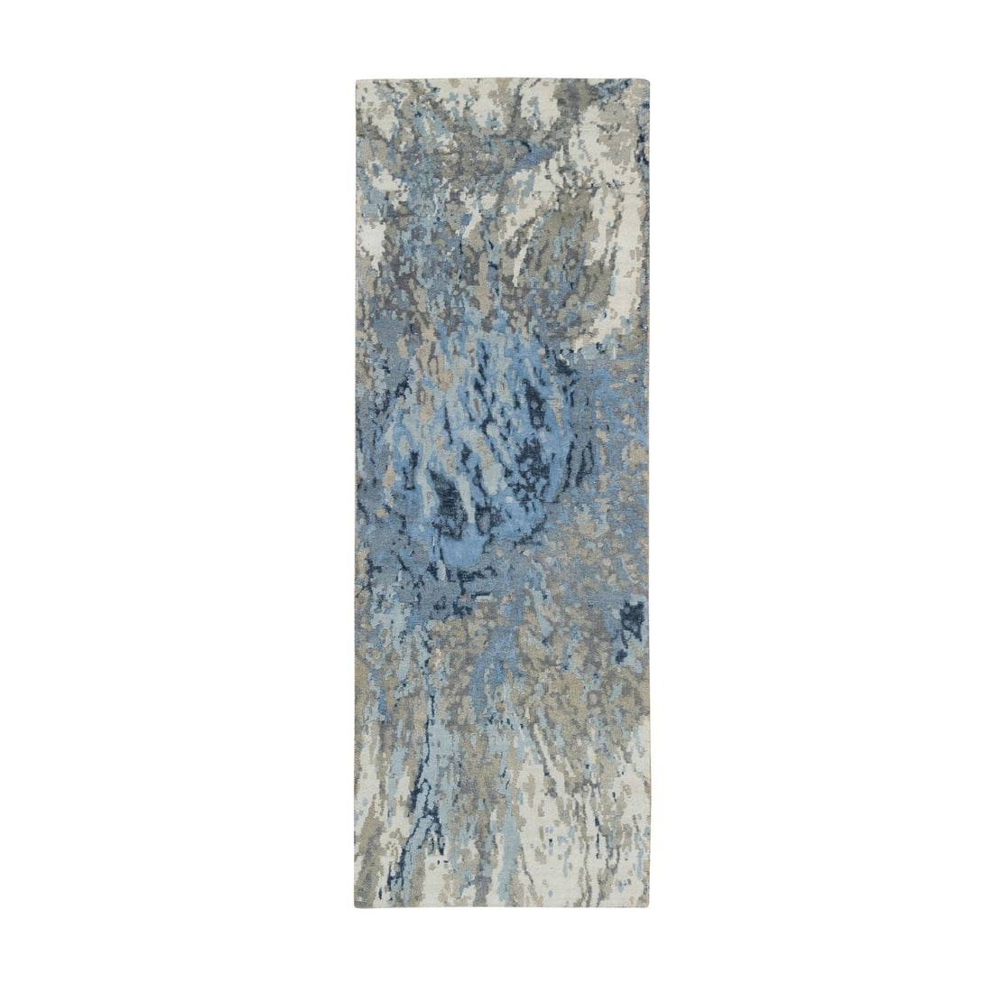 2'7"X8'1" Gray Abstract Design Wool And Silk Hand Knotted Runner Rug: Style: Abstract Type: Indoor Material: Silk Color: Grey Item Length: 97 Item Width: 31 Rug Type: Hand Knotted Pile: Wool & Silk Shape: Runner Field Color: Grey Size: 2"7" x 8"1" / 79 CM X 246 CM Age: