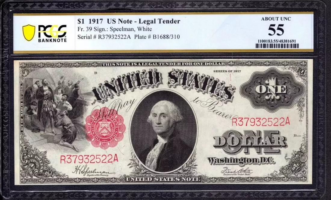 1917 $1 Legal Tender Red Seal Note Fr.39 Speelman White Pcgs 55 About Unc (522A) (1 of 4)