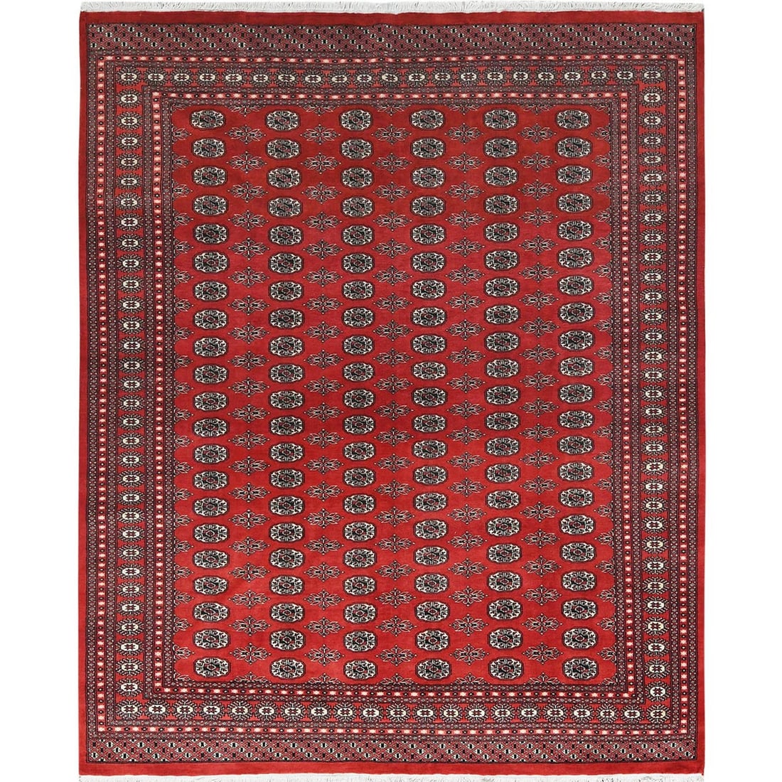 8'1"X9'9" Deep And Rich Red Hand Knotted Mori Bokara Organic Wool Rug: Style: Afghan Type: Indoor Material: Wool Color: Red Item Length: 117 Item Width: 97 Rug Type: Hand Knotted Pile: Wool Shape: Rectangular Field Color: Red Size: 8"1" x 9"9" / 246 CM X 297 CM Age: 2000