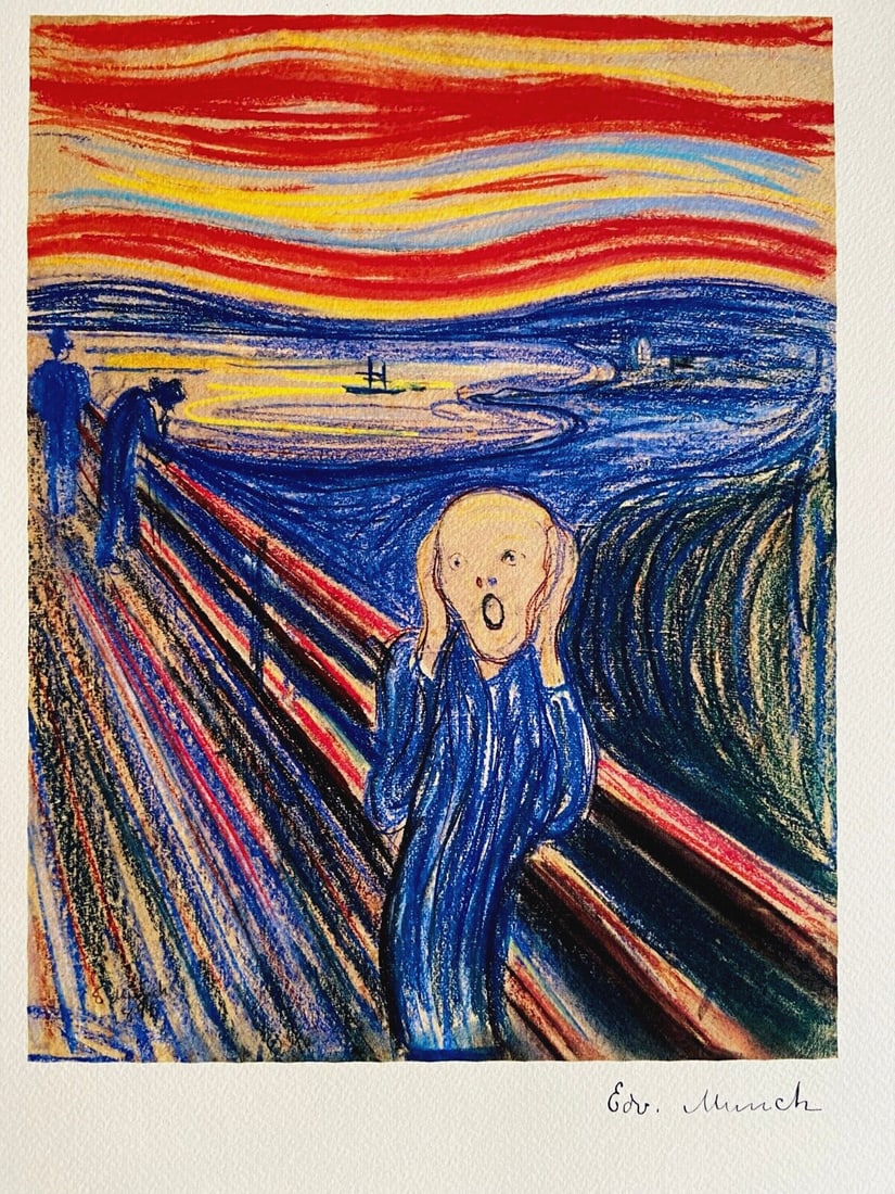 Edvard Munch Mum 'Scream' Lithograph Coa Signed Numbered: Edvard Munch Museum 'Scream' Lithograph COA Signed Numbered (Egon Schiele) Edvard Munch '' Scream '' From an pastel of 1893 and printed in 1995 by Munchmuseum Signature Edvard Munch on the slab. The g