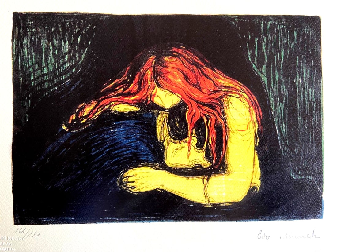 Edvard Munch Lithograph Coa Signed Numbered A Hand Limited: Edvard Munch " The vampires " Chromolithograph printed in 1978 in 180 copies by Atlantis Verlag, Freiburg 30x40cm Signed Edvard Munch on the plate Embossed stamp and authentication of the publisher At