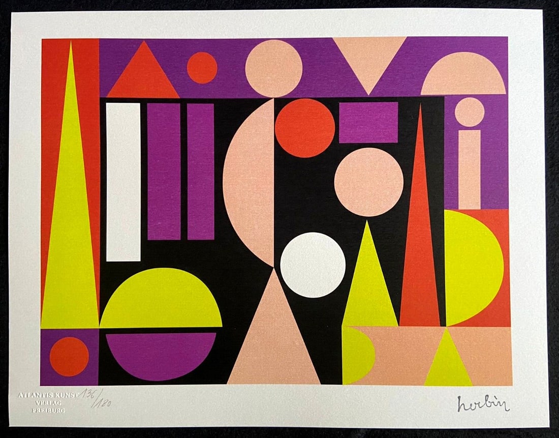 Auguste Herbin Lithograph Hand Numbered Signature: Auguste Herbin Lithograph Hand Numbered Signature (Max Bill) Auguste Herbin "Peace" Chromolithography printed in 1970 and reproduced in 180 specimens by Atlantis Verlag, Freiburg 31 x 40 cm Signature