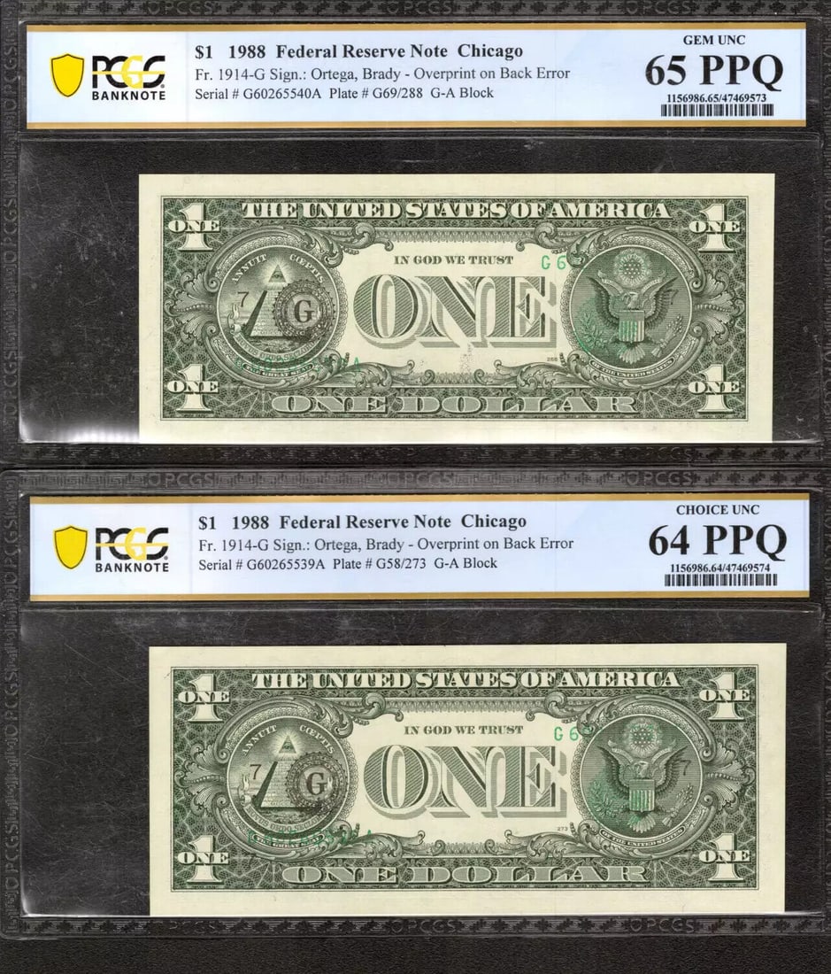 1988 $1 Frn Chicago Sequential Overprint On Back Error Notes Pcgs B 64 / 65 Ppq (1 of 1)