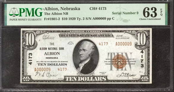 1929 T2 $10 Albion National Banknote Nebraska Pmg Cu 63 Epq - Low Serial #9 (009: Certification: PMG Grade Designation: EPQ/PPQ Grade: 63 EPQ Series Year: 1929 Year: 1929 Circulated/Uncirculated: Circulated Country: United States Category: Small National Bank Notes Serial No. : A00