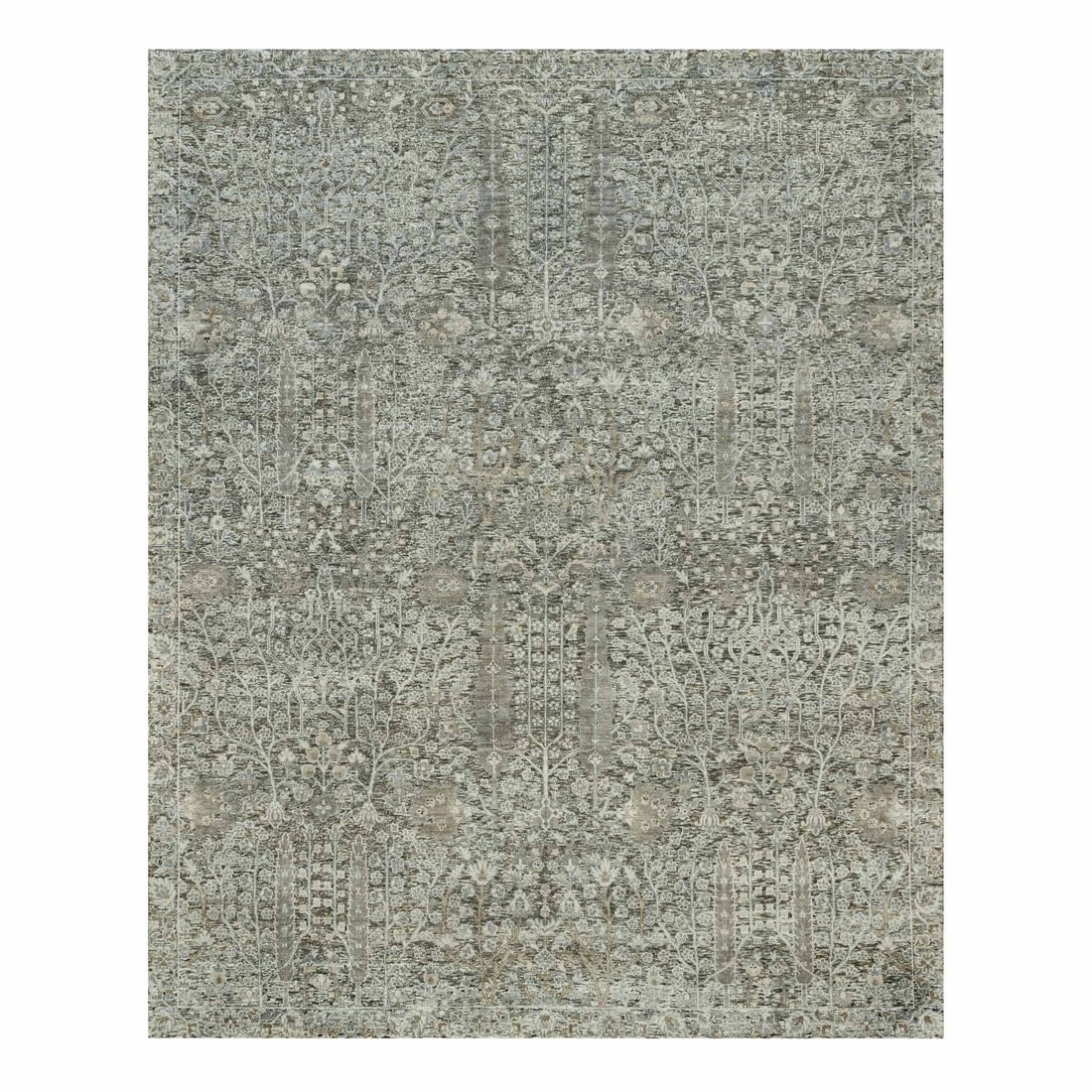 8'1"X10'1" Gray Willow And Cypress Tree Hand Knotted Silk And Wool Rug: Style: Oriental Type: Indoor Material: Silk Color: Grey Item Length: 121 Item Width: 97 Rug Type: Hand Knotted Pile: Wool & Silk Shape: Rectangular Field Color: Grey Size: 8"1" x 10"1" / 246 CM X 307