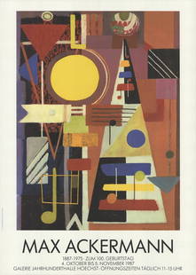 Max Ackermann Galerie Jahrhunderthalle Hoeschst " Offset Lithograph 1: Artist: Max Ackermann Title: Galerie Jahrhunderthalle Hoeschst Year: 1987 Signed: No Medium: Offset Lithograph Paper Size: 33 x 23.75 inches ( 84 x 60 cm ) Image Size: 26.5 x 19.75 inches ( 67 x 50 cm