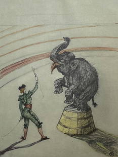 Henri De Toulouse-Lautrec, Performing Elephant, Henri De Toulouse-Lautrec, At The Circus, Lithograph: Lithograph on vlin paper, archivally hinged on archival backing paper, as issued. Paper size: 17.32 x 14.17 inches. Excellent condition. Inscription: Unsigned and unnumbered, as issued. Notes: From th