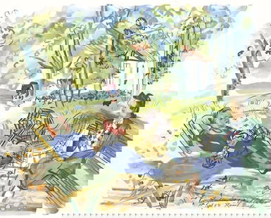 Raoul Dufy, Dans Le Jardin De Montsauns, Vacances Forces: Lithograph on papier bouffant des Papeteries de Casteljoux paper. Paper Size: 12 x 9.25 inches. Excellent condition. Unsigned and unnumbered, as issued. Notes: From the folio, Vacances forces 1970. Pu