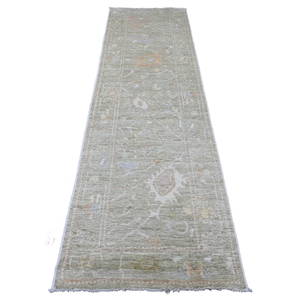 2'9"X10' Green Angora Oushak Leaf Design All Wool Hand Knotted Runner Rug