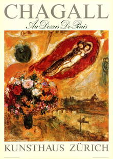 Marc Chagall Au Dessus De Paris " Poster Modernism Orange, Yell: Artist: Marc Chagall Title: Au Dessus de Paris Year: 1989 Signed: No Medium: Offset Lithograph Paper Size: 49.5 x 35.5 inches ( 126 x 90 cm ) Image Size: 34.5 x 32.5 inches ( 88 x 83 cm ) Edition