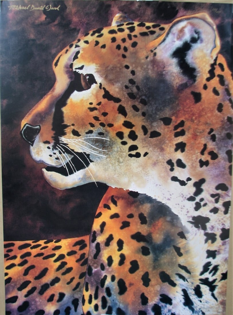 Michael David Ward - 'Cheetah' Signed Mixed Media Art Print, Rare Space Art: Title: Cheetah Technique: Mixed Media (Offset) Sheet Size: 62 86 cm (24.4 33.9 inches) Frame Size: Not applicable (sheet only, no frame included) Signature: Signed in the top left corner; edition numb