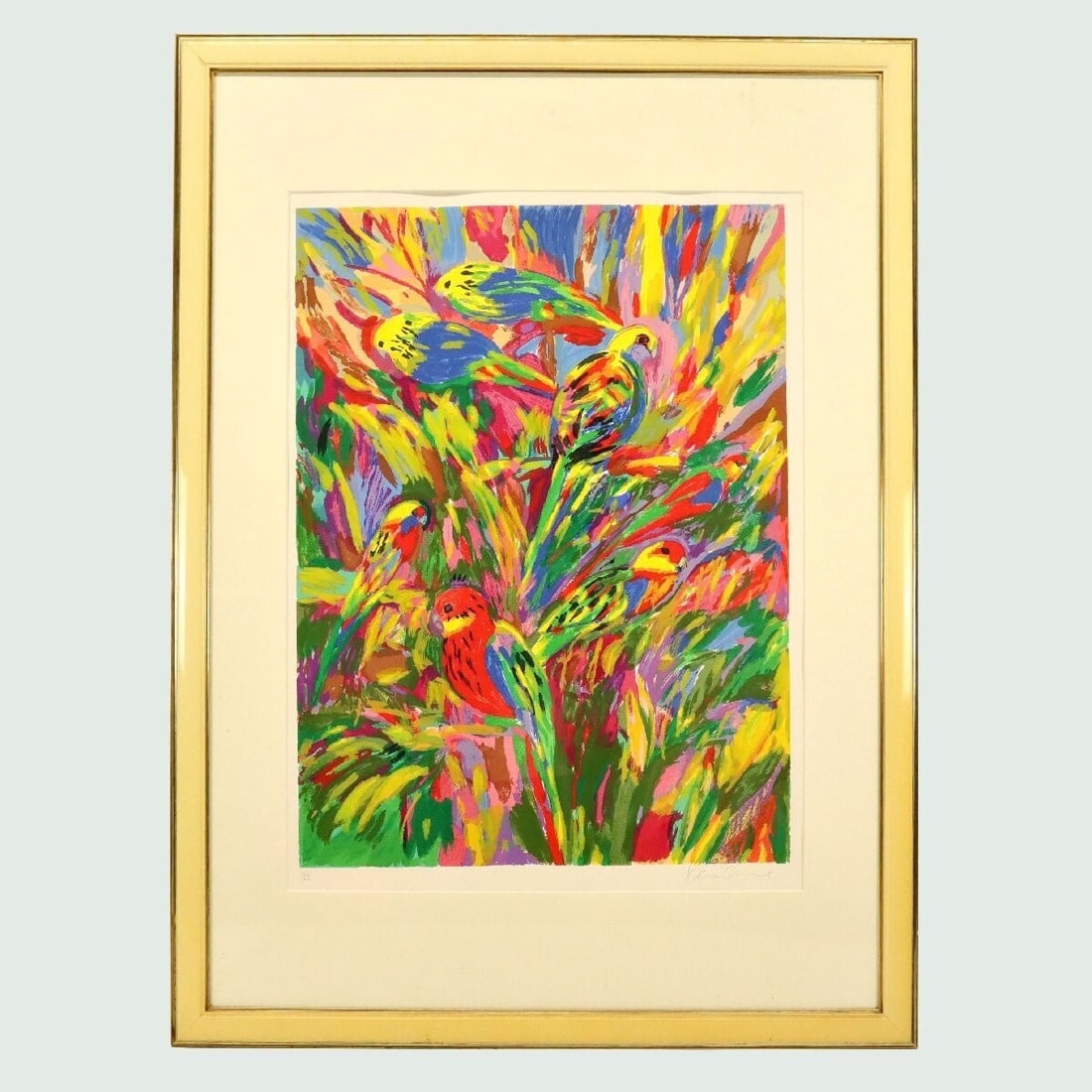 Ken Done (Australian) "Parrots" Signed Original Lithograph Print Framed Ed200: Artist: Ken Done Title: "NEW PARROTS" Technique: Lithograph on paper Edition: 154/200 Frame :118 cm x 87 cm Signature: Original signature located at the bottom left of the artwork. Included: Box and c