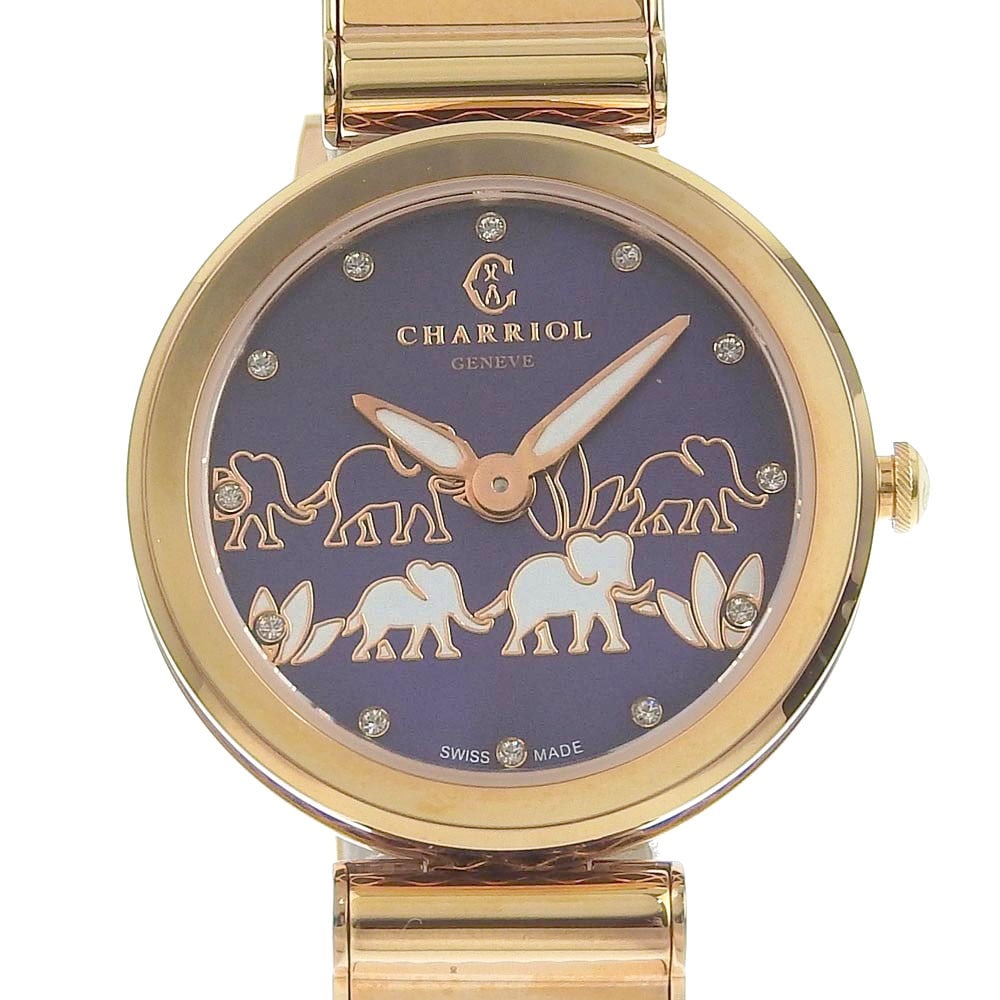 Charriol Forever Quartz Elephant Fe32 A02 013: Movement: Quartz Battery Case Size: 32mm Band Size: 14cm Band Width: 15mm Case Material: GP Band Material: GP Windshield: Glass Water Resistance: 3 ATM Bezel Color: Gold (Pink) Dial Color: Purple Type