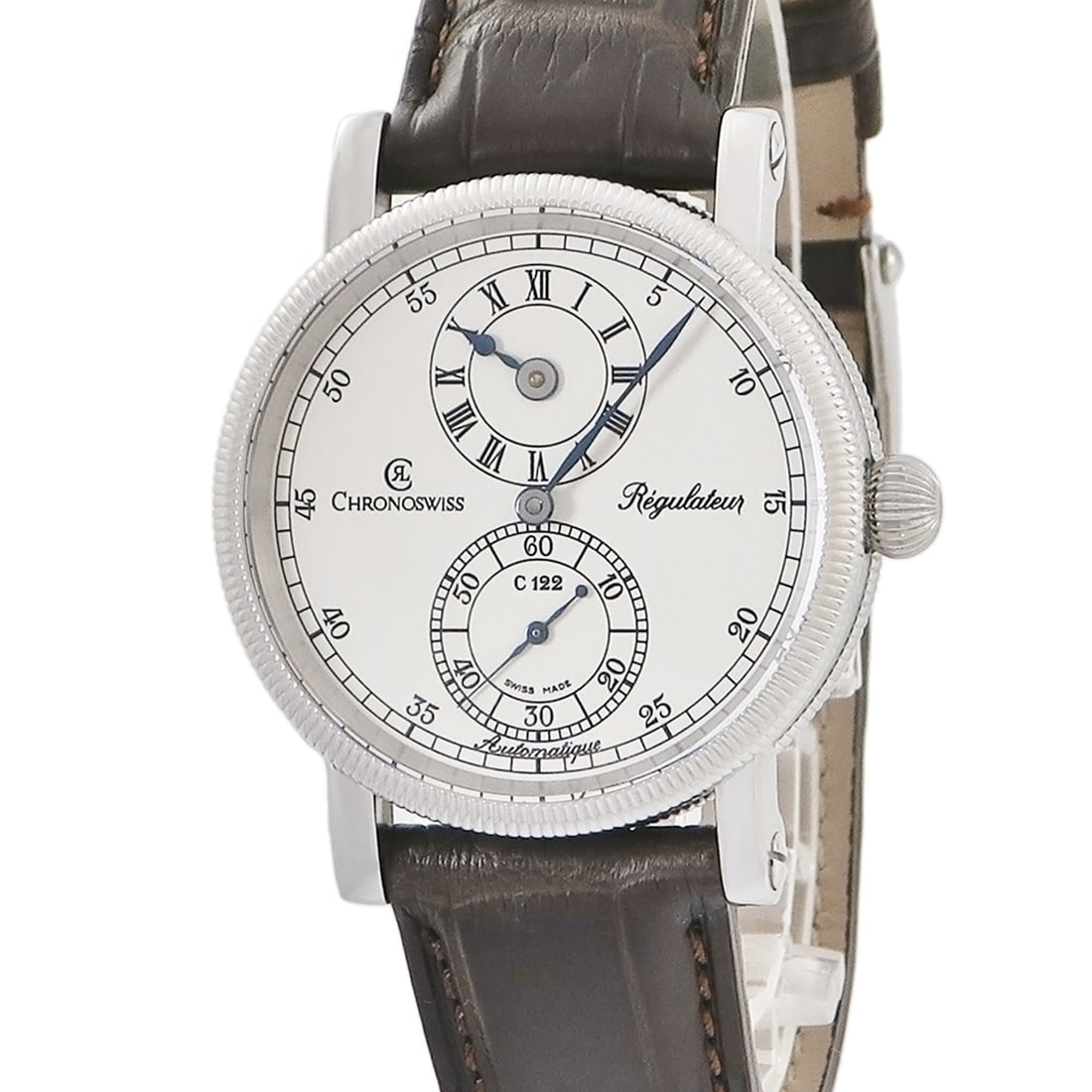 Chronoswiss Regulator Medium Coin Edge Bezel Ch1223M: Type: Wristwatch Customized: Yes Style: watches Movement: Automatic Dial Color: silver Band Color: brown Display: Analog Case Material: SS Case Size: 35mm Product Disclaimer: Items may exhibit light w