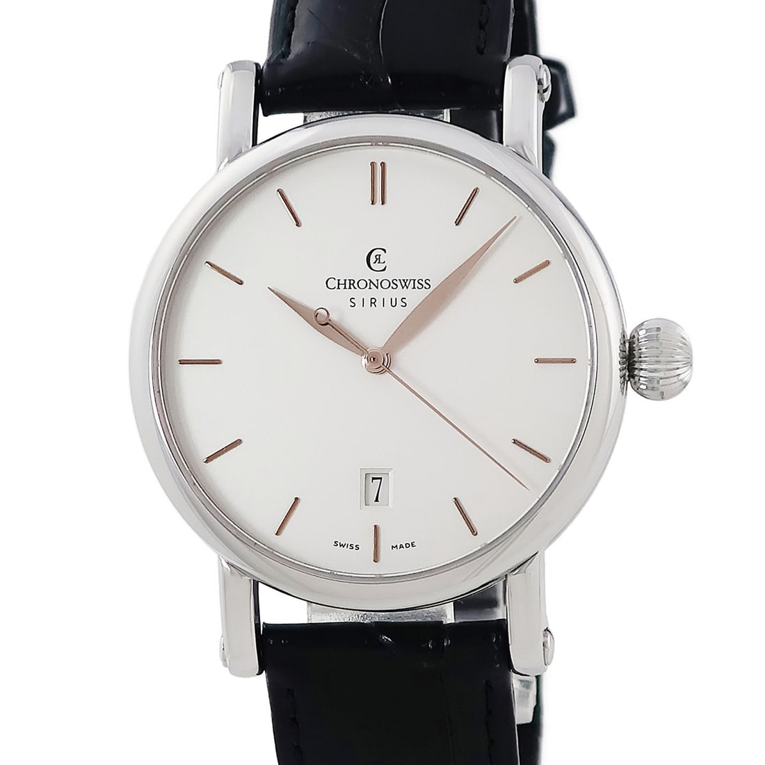 Chronoswiss Sirius Automatic Ch2893: Type: Wristwatch Customized: Yes Style: watches Features: calendar Movement: Automatic Dial Color: white Band Color: black Display: Analog Case Material: stainless steel Case Size: 40mm Product Discla